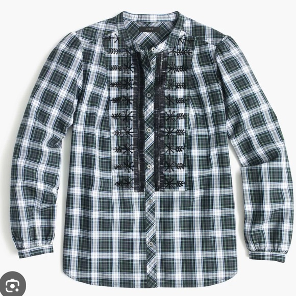 New J.CREW Embellished Tartan Plaid Shirt Blouse Green Sequin Beaded Snowflake - Picture 16 of 16